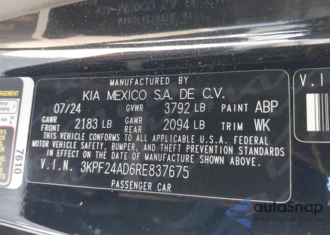 2024 Kia Forte Lxs из США, поврежденный, VIN 3KPF24AD6RE837675